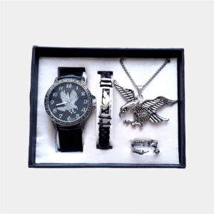 Cadouri Barbati - set cadou barbati din 4 piese cu bratara inel ceas si lantisor cu lup
