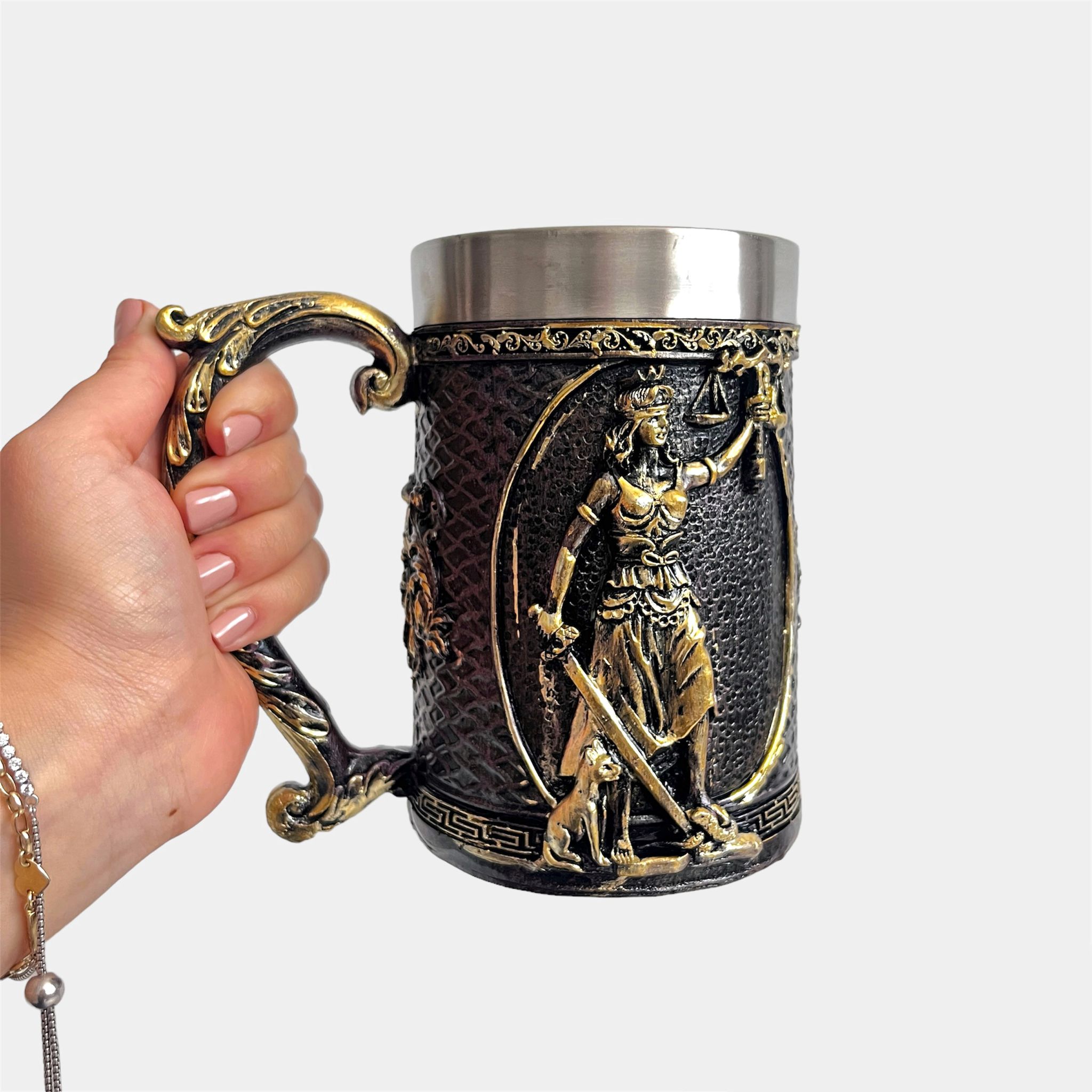 cana medievala halba medievala cu zeita justitiei din inox - cadouri barbati